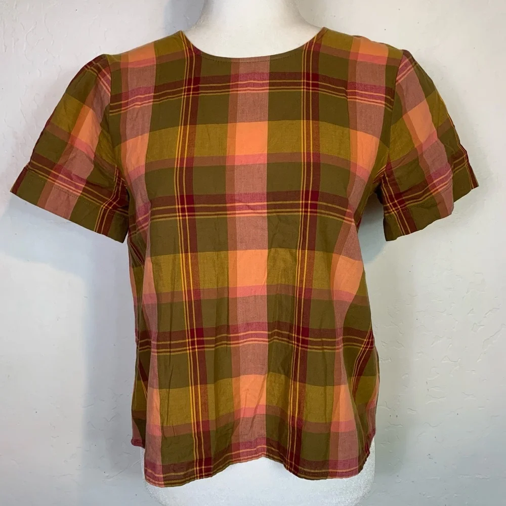 Madewell Size XXS Plaid Blouse Top Button Down Back Orange Red Short Sleeve - Picture 1 of 7